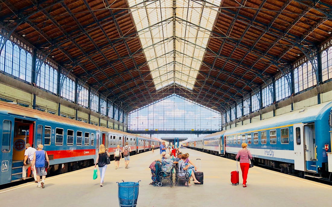 Traveler reviewing a European train schedule at a scenic railway station, deciding between a rail pass and individual tickets