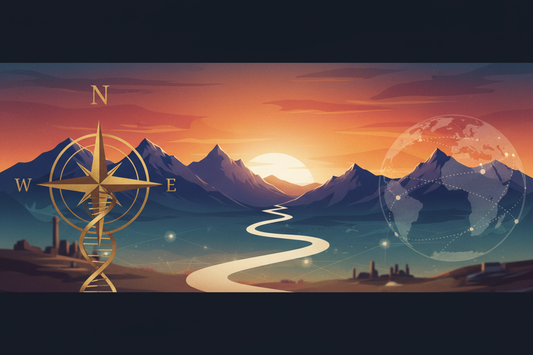 winding road toward mountains with compass